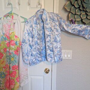 Mandarin Collar Jacket | Silver Blue Brocade | M | Flower Series | EUC